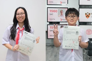 Từ phải qua: Trần Đình Hoàng Phúc, cậu bé giành 8.0 IELTS khi mới 10 tuổi; Nguyễn Ngọc Linh Đan, nữ sinh lớp 8 với thành tích 8.5 IELTS.