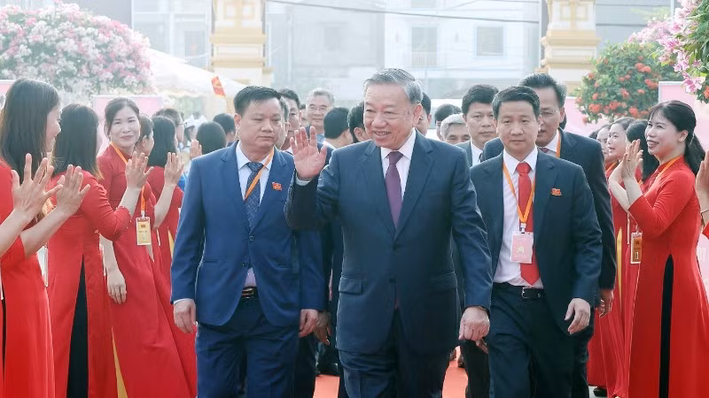 Tổng Bí thư Tô Lâm dự Đại hội đại biểu Đảng bộ xã Nghĩa Trụ lần thứ nhất, nhiệm kỳ 2025-2030. (Ảnh: Thống Nhất/TTXVN)