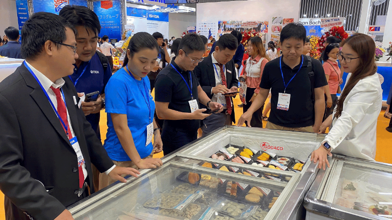 Gian hàng giới thiệu sản phẩm thủy sản của Công ty cổ phần Gò Đàng tại Hội chợ Vietfish 2025. (Ảnh: HOÀNG YẾN)