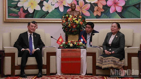 Đồng chí Lê Minh Hưng trao đổi với Trưởng Ban Tổ chức Trung ương Đảng Nhân dân Cách mạng Lào. (Ảnh: DUY TOÀN)