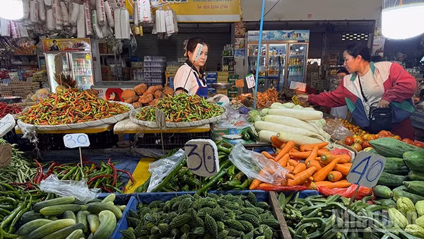 Các mặt hàng nông sản tại chợ đầu mối ở thủ đô Vientiane, Lào. (Ảnh: TRỊNH DŨNG)