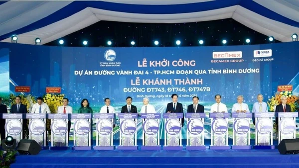 Các đại biểu thực hiện nghi thức khởi công và khánh thành các dự án. 