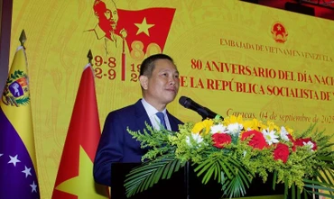 Đại sứ Vũ Trung Mỹ phát biểu tại sự kiện. (Ảnh: Đại sứ quán Việt Nam tại Venezuela)
