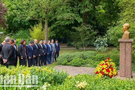 Đoàn Bộ Tài chính dâng hoa trước tượng Chủ tịch Hồ Chí Minh trong công viên Montreau.