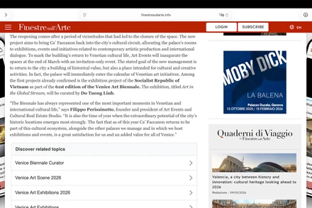 Ảnh chụp màn hình bài báo Ý về triển lãm mỹ thuật Việt Nam tại cung điện lịch sử hơn 500 năm tuổi Ca' Giustinian Faccanon.