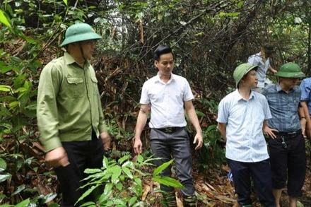 Phó Chủ tịch Ủy ban nhân dân tỉnh Điện Biên Lò Văn Cương, kiểm tra các vết nứt tại địa bàn bản Pú Chả, xã Mường Pồn, tỉnh Điện Biên.