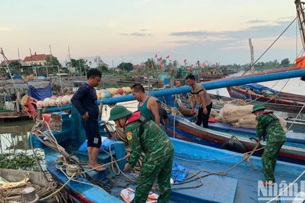 Cán bộ, chiến sĩ Đồn Biên phòng Đoàn Xá hỗ trợ ngư dân chằng buộc phương tiện phòng, chống bão Ragasa.