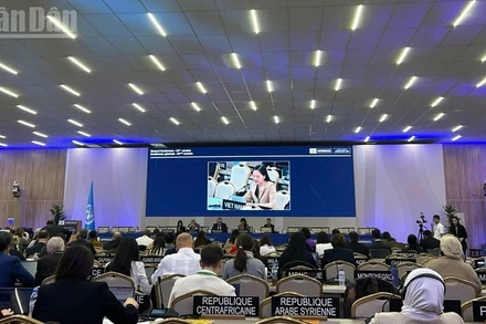 Đại sứ Nguyễn Thị Vân Anh, Trưởng Phái đoàn Thường trực Việt Nam bên cạnh UNESCO, giới thiệu dự thảo Nghị quyết khuyến nghị Đại hội đồng Liên hợp quốc xem xét phát động “Thập kỷ quốc tế về Văn hóa vì phát triển bền vững”. (Ảnh: KHẢI HOÀN - MINH DUY)