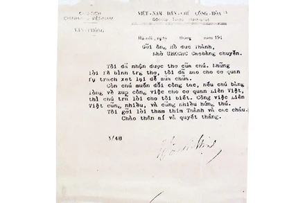 Thư Chủ tịch Hồ Chí Minh gửi cụ Hồ Đức Thành (tháng 3/1948). Tư liệu gia đình