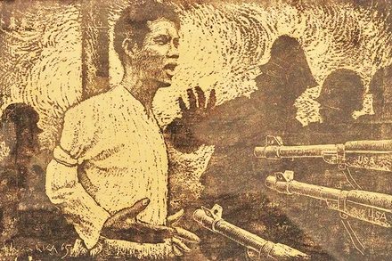 Tranh khắc gỗ “Anh Nguyễn Văn Trỗi” của họa sĩ Hoàng Đạo Khánh.