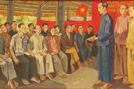 Chủ tịch Hồ Chí Minh nói chuyện với đại biểu Đại hội Quốc dân Tân Trào. Tranh sơn dầu của họa sĩ Cao Thương