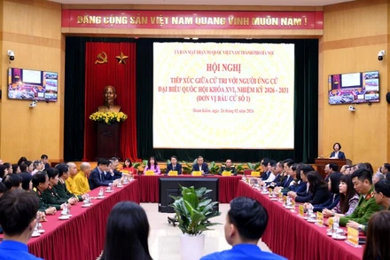 Hội nghị tiếp xúc giữa cử tri với người ứng cử đại biểu Quốc hội Khóa XVI, nhiệm kỳ 2026-2031, đơn vị bầu cử số 1, thành phố Hà Nội. (Ảnh: ĐĂNG KHOA) 