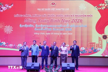 Đại diện lãnh đạo Đảng, Nhà nước Lào cùng Đại sứ Việt Nam tại Lào nâng ly chúc mừng Tết cổ truyền Xuân Bính Ngọ của Việt Nam. (Ảnh: Xuân Tú/TTXVN)