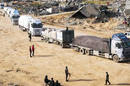 Các chuyến xe viện trợ nhân đạo vào Gaza chịu sự giám sát chặt chẽ của Israel. Ảnh: EURONEWS