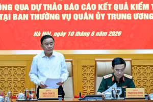 Thường trực Ban Bí thư Trần Cẩm Tú, Trưởng Đoàn kiểm tra, giám sát số 12 của Bộ Chính trị phát biểu kết luận hội nghị. (Ảnh: DUY LINH)