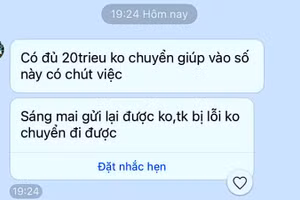Một trong nhiều tin nhắn mượn tiền từ tài khoản Zalo bị hack của ông Trần Thanh Út. 