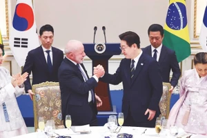 Hai nhà lãnh đạo Hàn Quốc và Brazil bắt tay tại buổi tiệc chiêu đãi sau hội đàm.