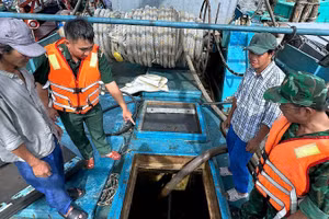 Cán bộ Hải đội Biên phòng 1 thuộc Ban Chỉ huy Bộ đội Biên phòng tỉnh Cà Mau kiểm tra khoang tàu chứa dầu không rõ nguồn gốc.