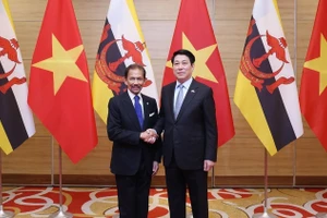 Chủ tịch nước Lương Cường đón Quốc vương Brunei Darussalam Haji Hassanal Bolkiah dự tiệc chiêu đãi. (Ảnh: Lâm Khánh/TTXVN)