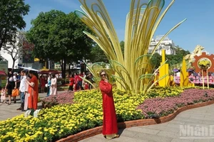 Du khách tham quan Đường hoa Nguyễn Huệ.