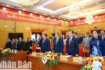 Các đại biểu thực hiện nghi thức chào cờ. (Ảnh: THẾ ĐẠI)