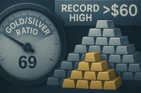 Giá bạc tiến sát 61 USD/ounce, đưa tỷ lệ vàng/bạc về mức 69 điểm. (Ảnh minh họa: kitco.com)