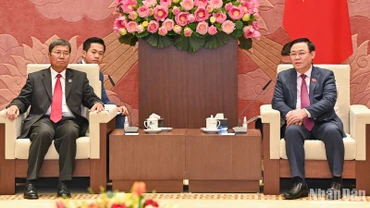 Chủ tịch Quốc hội Vương Đình Huệ phát biểu tại buổi tiếp Phó Chủ tịch Quốc hội Lào Khambay Damlath. (Ảnh: Duy Linh)