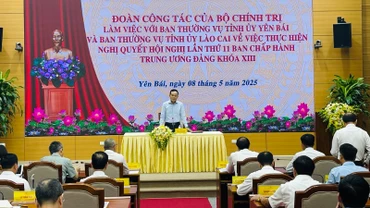 Bí thư Trung ương Đảng Trần Lưu Quang phát biểu tại buổi làm việc. (Ảnh: THANH SƠN)