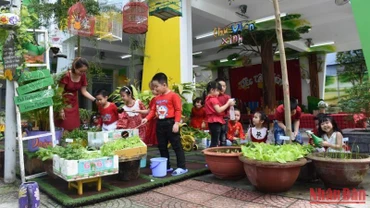 Học sinh trường mần non Bình Minh trong giờ học tìm hiểu về thiên nhiên, cây cỏ. (Ảnh: ANH ĐÀO)