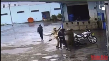 Các cán bộ, chiến sĩ Công an đánh tới tấp nam sinh điều khiển xe máy. (Ảnh cắt từ clip)