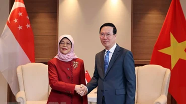 Chủ tịch nước Võ Văn Thưởng gặp Tổng thống Singapore Halimah Yacob. (Ảnh: Thống Nhất/TTXVN)