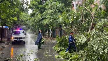 Cán bộ, chiến sĩ Công an phường Lộc Hoà, Thành phố Nam Định thu dọn cây gãy đổ cản trở giao thông trên địa bàn.