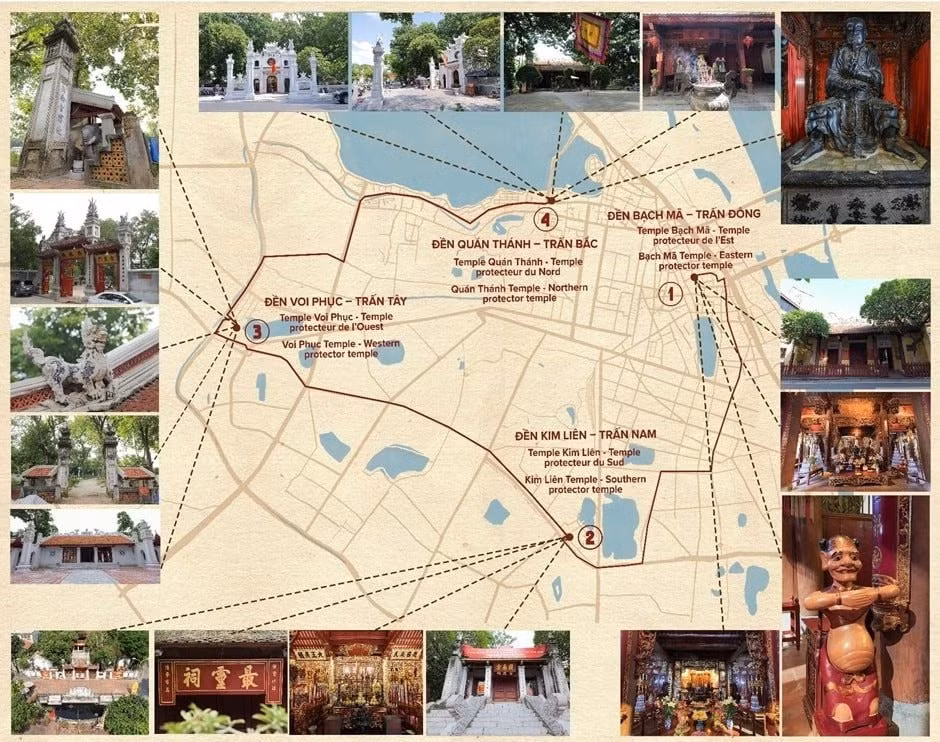 Bản đồ số hành trình tham quan Tứ trấn Thăng Long được thiết kế dễ hiểu và sinh động (Nguồn ipathanoi.vietnamica.online)