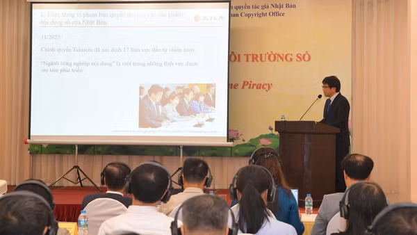 Đại biểu trình bày giải pháp tăng cường bảo vệ bản quyền trên không gian số. (Ảnh: P.SỸ)