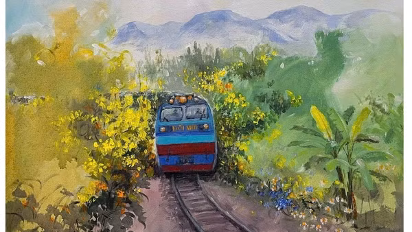 Tác phẩm "Đường tàu đường hoa" của họa sĩ Quỳnh Thơm. (Ảnh: NVCC)