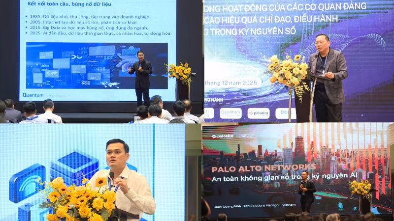 Các đại biểu trình bày tham luận Hội thảo chuyên đề “Những giải pháp thúc đẩy chuyển đổi số trong các cơ quan Đảng” do Văn phòng Trung ương tổ chức từ ngày 5-7/12 tại Phú Quốc, An Giang. (Ảnh: ĐINH PHƯƠNG)