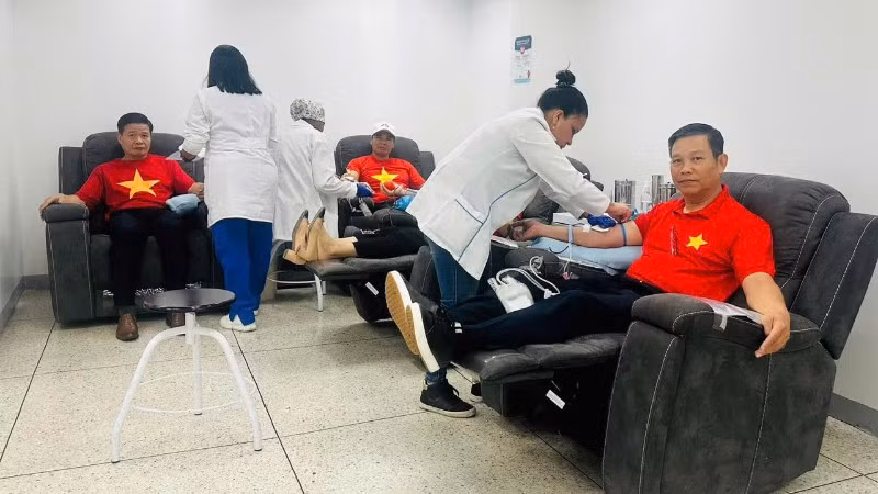 Cán bộ và nhân viên Đại sứ quán Việt Nam tham gia hiến máu nhân đạo. (Ảnh: Đại sứ quán Việt Nam tại Venezuela cung cấp)