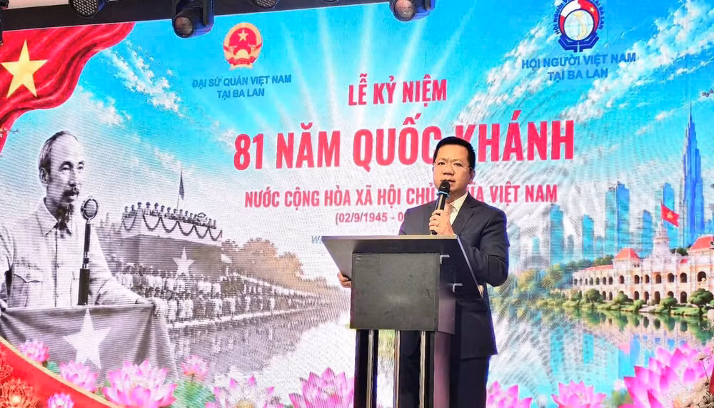 Đại sứ Hà Hoàng Hải phát biểu tại Lễ kỷ niệm 81 năm Quốc khánh nước Cộng hòa xã hội chủ nghĩa Việt Nam. (Ảnh: Đại sứ quán Việt Nam tại Ba Lan cung cấp) 