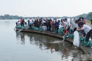 Gần 140.000 con giống thủy sản đã được thả xuống sông Hương vào sáng nay (3/3).