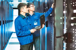 Kỹ thuật viên VNPT kiểm tra thiết bị tại trung tâm dữ liệu.