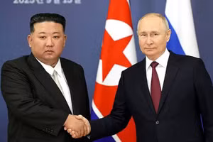 Nhà lãnh đạo Triều Tiên Kim Jong Un và Tổng thống Nga Vladimir Putin tại cuộc hội đàm năm 2023. (Ảnh: Kremlin.ru)