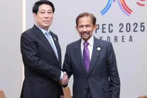 Chủ tịch nước Lương Cường và Quốc vương Brunei Hassanal Bolkiah tại APEC 2025 ở Hàn Quốc. (Ảnh: LÂM KHÁNH/TTXVN)