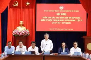 Đồng chí Nguyễn Phước Lộc, Ủy viên Trung ương Đảng, Phó Bí thư Thành ủy, Chủ tịch Ủy ban Mặt trận Tổ quốc Việt Nam Thành phố phát biểu tại hội nghị.