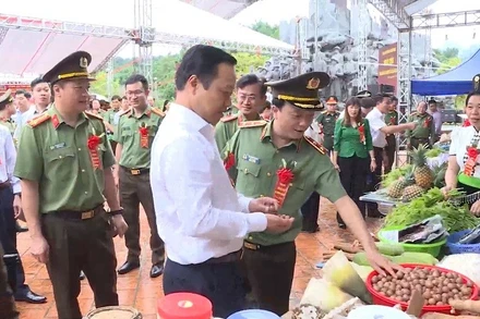 Đồng chí Trần Tiến Dũng, Phó Bí thư Tỉnh ủy Điện Biên cùng đại biểu tham quan các gian hàng của nông dân xã Mường Phăng.