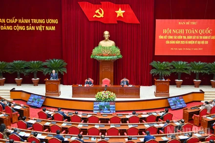 Quang cảnh Hội nghị toàn quốc tổng kết công tác kiểm tra, giám sát và thi hành kỷ luật của Đảng năm 2025 và nhiệm kỳ Đại hội XIII.