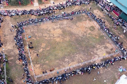 Sân vận động xã Tìa Dình chật kín người theo dõi cuộc thi đấu bò được tổ chức trong sáng ngày 28/12. (Ảnh: TRẦN NHÂM)