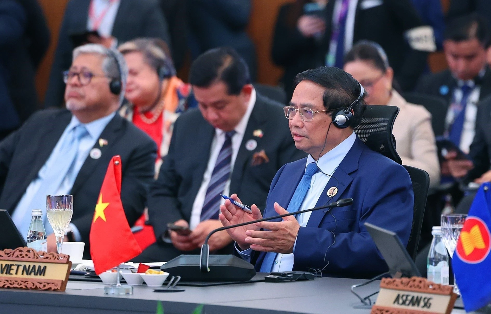 Thủ tướng Phạm Minh Chính dự và phát biểu tại Hội nghị Cấp cao Kinh tế ASEAN - Hội đồng Hợp tác Vùng Vịnh (GCC) - Trung Quốc. (Ảnh TTXVN)