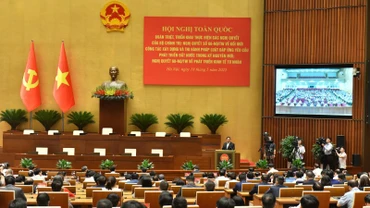 Hội nghị toàn quốc quán triệt, triển khai thực hiện Nghị quyết số 66-NQ/TW và Nghị quyết số 68-NQ/TW của Bộ Chính trị. (Ảnh: ĐĂNG KHOA-THÙY CHI)