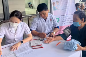 Đoàn bác sĩ khám, phát thuốc miễn phí cho người dân tại xã Ba Tri (tỉnh Vĩnh Long).