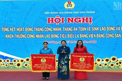 Phó Bí thư Thường trực Tỉnh ủy Sóc Trăng trao Cờ thi đua xuất sắc của Tổng Liên đoàn Lao động Việt Nam cho các đơn vị tiêu biểu.